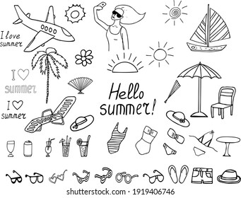 summer vacation set icon. sketch hand drawn doodle style. minimalism, monochrome. swimsuit, sun, palm tree, chaise longue, lettering, sunglasses, cocktails, umbrella shorts plane sailboat fan hat