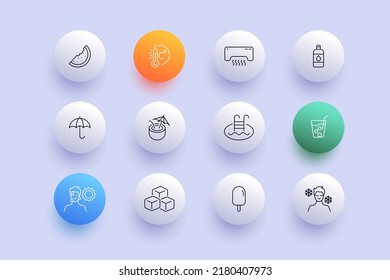 Summer vacation set icon. Thermometer, watermelon, bottle of water, lemonade, conditioner, umbrella, swimming pool, sun, cubes, ice cream. Relax concept. Neomorphism. Vector line icon for Business.
