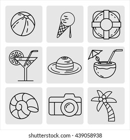 Summer vacation set of icons, design elements. Ball, camera, palm tree, ice cream, life ring, cocktail, coconut, hat, shell