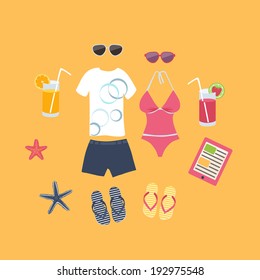 Summer vacation set of icons with a mans shorts, t-shirt and slip slops and a female swimsuit and sandals with glasses of cocktail and starfish on yellow beach sand