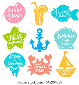 Summer vacation set of label, banner, design elements with quotes, phrases lettering about summer. Shapes of shell, crab, ship, starfish, anchor, fish, clam, cold drink, jellyfish. Vector illustration