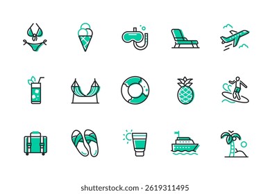 Summer and vacation - set of line design style icons