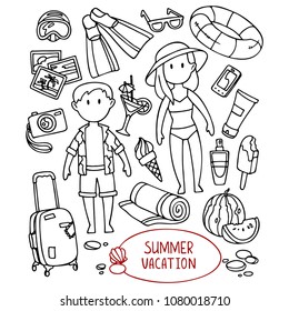 Summer vacation set of linear vector drawings in cartoon style for design and illustration.