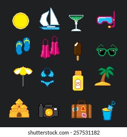 Summer vacation set. Pixel art. Old school computer graphic style