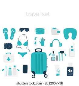 Summer vacation set. Resort concept. Travel set with coconut cocktail, swimsuit, surfboard, suitcase, sunglasses, camera, lifebuoy, passport etc. Vector illustration of isolated objects