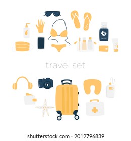 Summer vacation set. Resort concept. Travel set with coconut cocktail, swimsuit, surfboard, suitcase, sunglasses, camera, lifebuoy, passport etc. Vector illustration of isolated objects