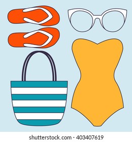 Summer vacation set. Sunglasses. Beach bag. Swimsuit. Flip flops. Accessories. Vector illustration