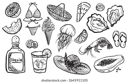 Summer vacation set with tequila, sombrero, straw hat, seafood, fruits in black brush stroke texture isolated on white. Hand drawn vector sketch illustration in vintage charcoal ink. Travel equipment.