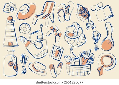 Conjunto de vacaciones de verano en estilo de boceto de garabatos de arte de línea de moda. Ilustración vectorial de Colección de elemento de vacaciones dibujado a mano. Doodle Sketch Elementos costeros en estilo de arte de línea simple. No es IA