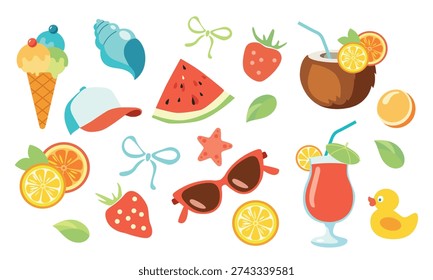 Summer vacation set with tropical elements. Ice cream cone, watermelon, fruity drinks in coconut, orange, lemon, strawberries, shell, cocktails, sunglasses, starfish, rubber duck, leaves and bows. Vector icons for stickers.
