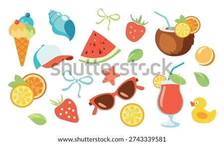 Summer vacation set with tropical elements. Ice cream cone, watermelon, fruity drinks in coconut, orange, lemon, strawberries, shell, cocktails, sunglasses, starfish, rubber duck, leaves and bows. Vector icons for stickers.
