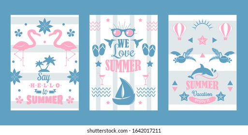 Summer vacation, set of typographic banners, vector illustration. Summertime sale, promotion campaign flyer template, travel agency advertisement, special summer offer icons and labels, vacation trip