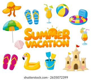 Conjunto de vacaciones de verano. Vector ilustraciones aisladas de Elementos de verano y playa sobre fondo blanco