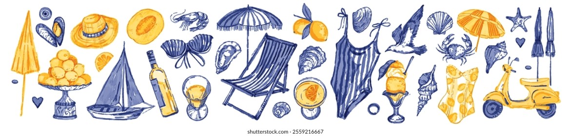 Summer vacation set, vector watercolor hand drawn Italian travel sticker, wine bottle, glass, conch. Yellow lemon, umbrella, mediterranean seashore picnic retro coastal print. Nautical summer vacation