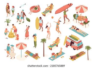 Summer vacation set with walking and sunbathing symbols isometric isolated vector illustration