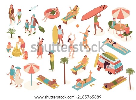 Summer vacation set with walking and sunbathing symbols isometric isolated vector illustration