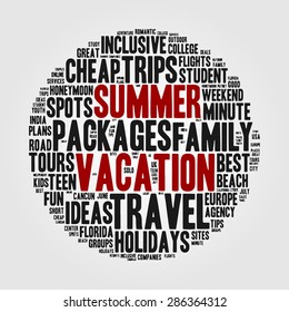 Summer vacation. Set of words on the topic of the summer travel, recreation and tourism. Cloud of keywords for tourist sites, postcards, congratulations. Grey circle and two red words.