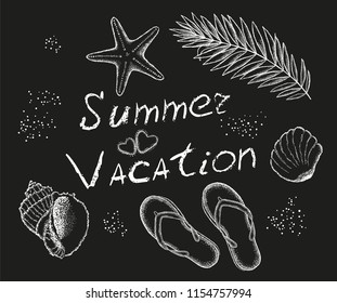 Summer vacation. Shells, starfish, branch of palm and flip-flops on a black background. Effect of a chalk.