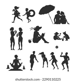 Sommerferien Silhouetten. Die Animation am Strand. Porträt von Menschen, die auf dem Meer ruhen. Volleyball, Sandkasten und Cocktailparty. Entspannen Sie Kinder und Jugendliche. Vektorgrafik