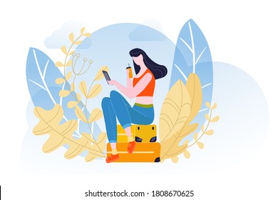 Summer vacation, simple composition, furlough exemplification, beautiful suitcases, design, cartoon style vector illustration. Elegantly girl, attractive stylish lady, amazing look, glamor hair.