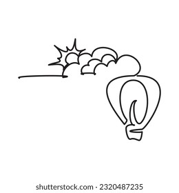 Summer vacation simple line icon. One continuous line of hot air balloons and sun behind the clouds. Vector illustration of a hot air balloon, cloud and sun as a symbol of air travel in summer.