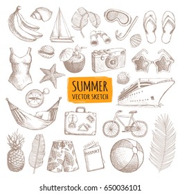 Summer vacation sketches set. Cool hand-drawn illustrations for your design. Eps10 vector.
