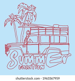 Summer vacation slogan with car illustration for kids tee and poster