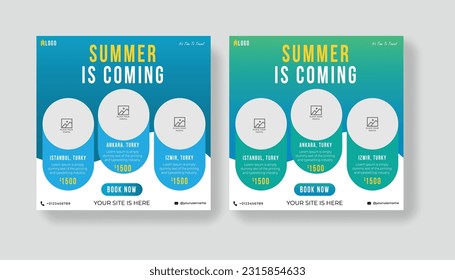 Summer vacation social media post template. Holiday package video thumbnail design and web banner for for travel agency.