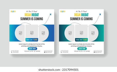 Summer vacation social media post template. Holiday package video thumbnail design and web banner for for travel agency.