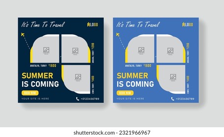 Plantilla de publicación en medios sociales de vacaciones de verano. Diseño de paquetes de vacaciones y banner web para agencia de viajes.