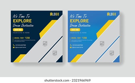 Summer vacation social media post template. Holiday package design and web banner for for travel agency.