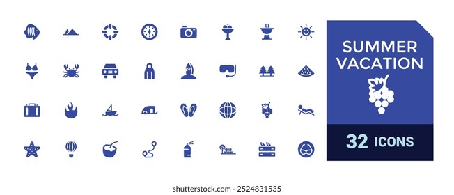 Summer Vacation solid icons. Tourism and beach icons in filled style. Travel, holiday, camera. Flat icon collection. Vector illustration.