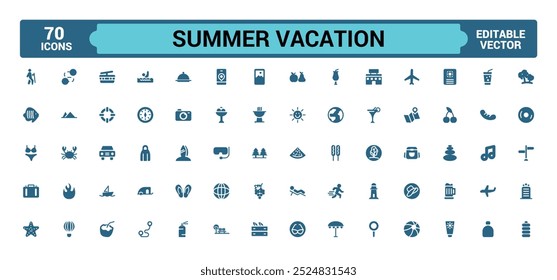 Summer Vacation solid icons. Tourism and beach icons in filled style. Travel, holiday, camera. Flat icon collection. Vector illustration.