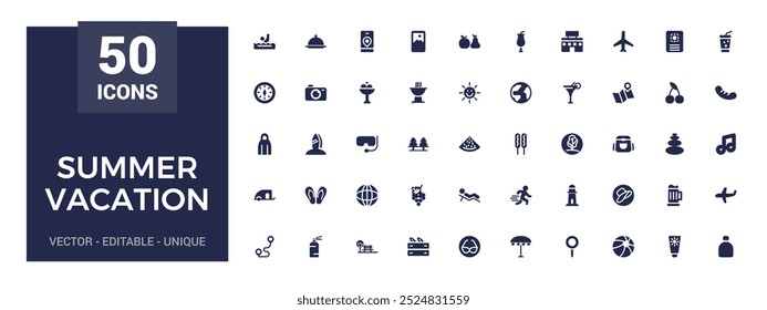Summer Vacation solid icons. Tourism and beach icons in filled style. Travel, holiday, camera. Flat icon collection. Vector illustration.