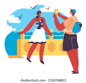 Summer vacation spent by a seaside, woman posing for photo by beach, sea and seagulls. Woman with man taking photography on smartphones. Resort or rest, summertime break. Vector in flat style