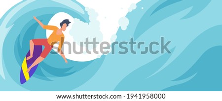 Summer vacation sport activity vector illustration. Cartoon young active sporty surfer man character standing on surfboard, surfing, floating on big sea or ocean wave, summertime adventure background