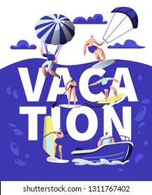 Summer Vacation Sport Adventure Typography Banner. Beach Wind Activity Equipment. Creative Watercraft Ride Motivation Poster. Sea Holiday Leisure Trip Flat Cartoon Vector Illustration