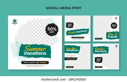 Summer vacation square banner for social media post template. Travel and tourism banner collection