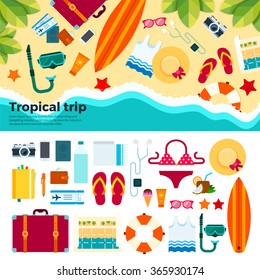 Summer vacation staff vector flat illustrations. Entertainment elements on the sand near the sea, tropical trip equipment, camera, hat, map, sunglasses, slippers isolated on white background