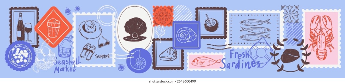 Summer vacation stamp print set with hand drawn doodle sketched of seashells, sardines, lobster, wine, tile. Mixed media grunge chalk element. Sicily mediterranean. Travel coastal postmark emblem.