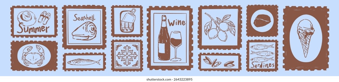 Conjunto de impressão vetorial de selo de férias de verão. Desenhado à mão ícones de viagem de caranguejo, lagosta, concha, vinho, sorvete, limões, sardinhas, azulejo. Cartão postal Vintage Itália. Ilustração de arte de parede.