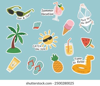 Paquete de pegatinas de vacaciones de verano. Etiquetas engomadas del verano y de la playa para el conjunto del diario.