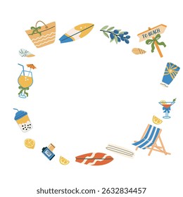 Summer vacation sticker set with beach and travel icons for creative design.
