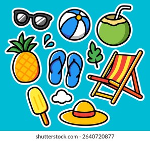 Summer Vacation Sticker Set - Beach, Fruits, and Fun Elements in Cartoon Style