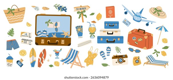 Adesivo de férias de verão definido com elementos de avião, viagem e praia para uso criativo.