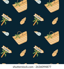 Summer vacation stickers with shells and beach signs for creative design.