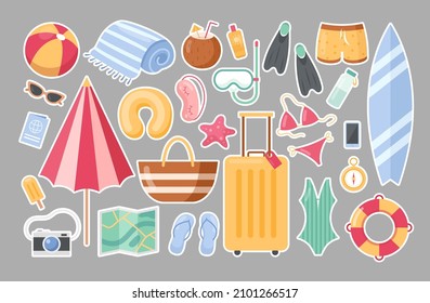 Summer vacation stickers. Vector set of cartoon travel accessories with umbrella, map, camera, passport, snorkeling mask, bikini, surfboard, luggage. Beach objects for summertime poster, beach party