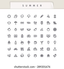 Summer and Vacation Stroke Icons Set. Isolated on white background.