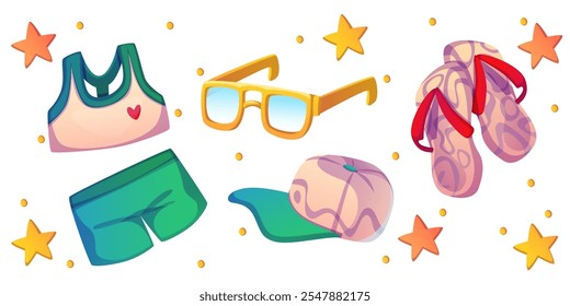 Summer vacation stuff - emerald sports bra with heart detail, green shorts, yellow sunglasses, patterned baseball cap and flip flops with red straps. Cartoon essential items for seaside voyage.