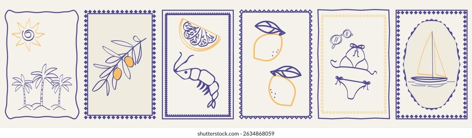 Summer vacation style illustrations in frames. Vector ink hand drawn yachts, lemons, wine and food elements. Stamps for invitations to a beach party or picnic.